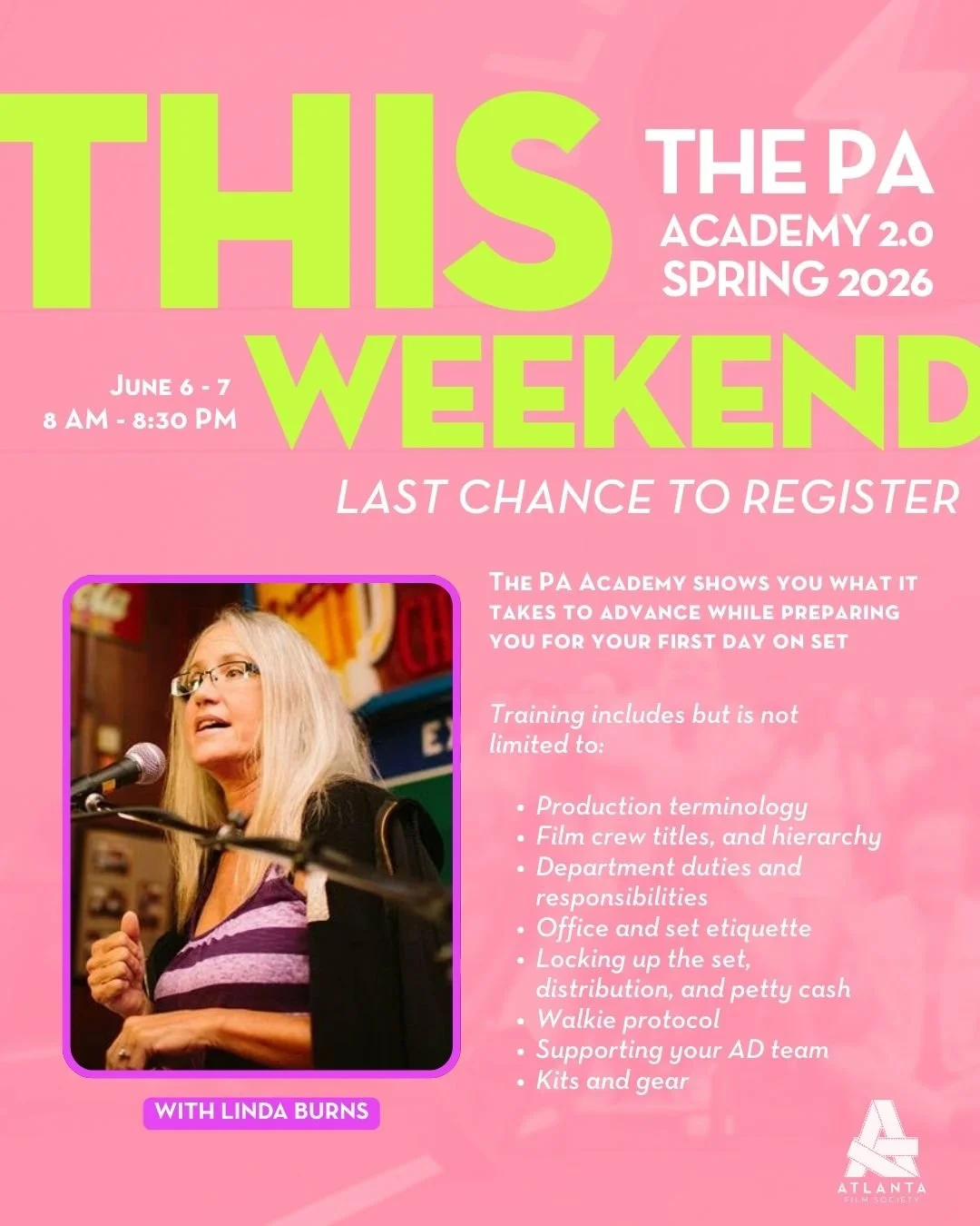 Registration ends this Friday for The PA Academy 2.0 at Electric Owl Studios! 🎥🍑

For details, including scholarship opportunities, visit atlantafilmsociety.org/upcoming or comment "academy" to receive a DM!🎞️🎬 #atlfs #atl #indiefilms #