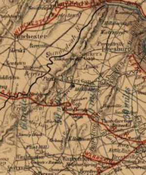 Detail of 1865 map of Virginia by W.L. Nicholson showing key villages and towns, creeks, roads, and the railroads (in red) of today's Mosby Heritage Area