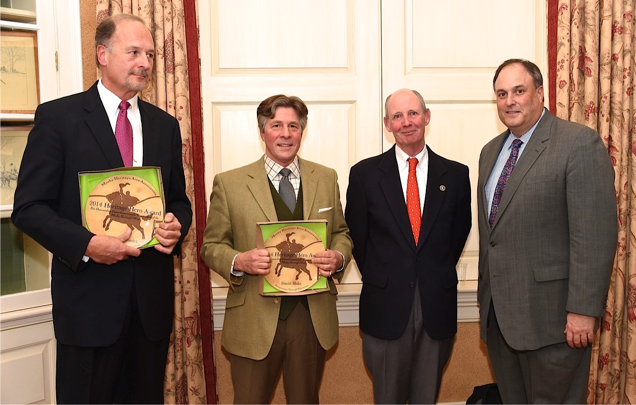 From left, Heritage Heroes Scott Kasprowicz and David Blake with MHAA President Childs Burden and Piedmont Environmental Council Executive Director Chris Miller