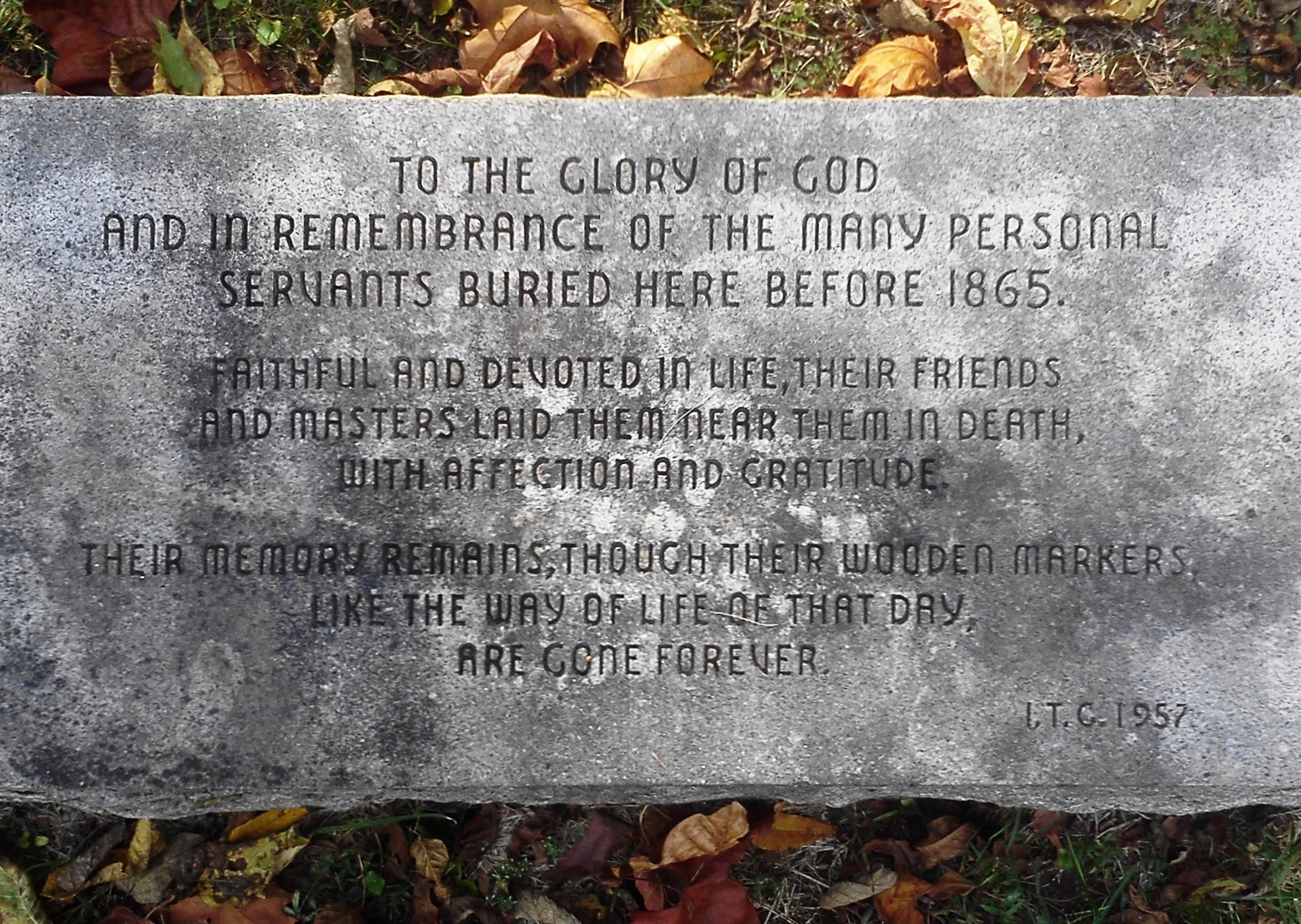 In the cemetery at the Old Chapel near Millwood is this marker to "the many personal servants buried here before 1865."