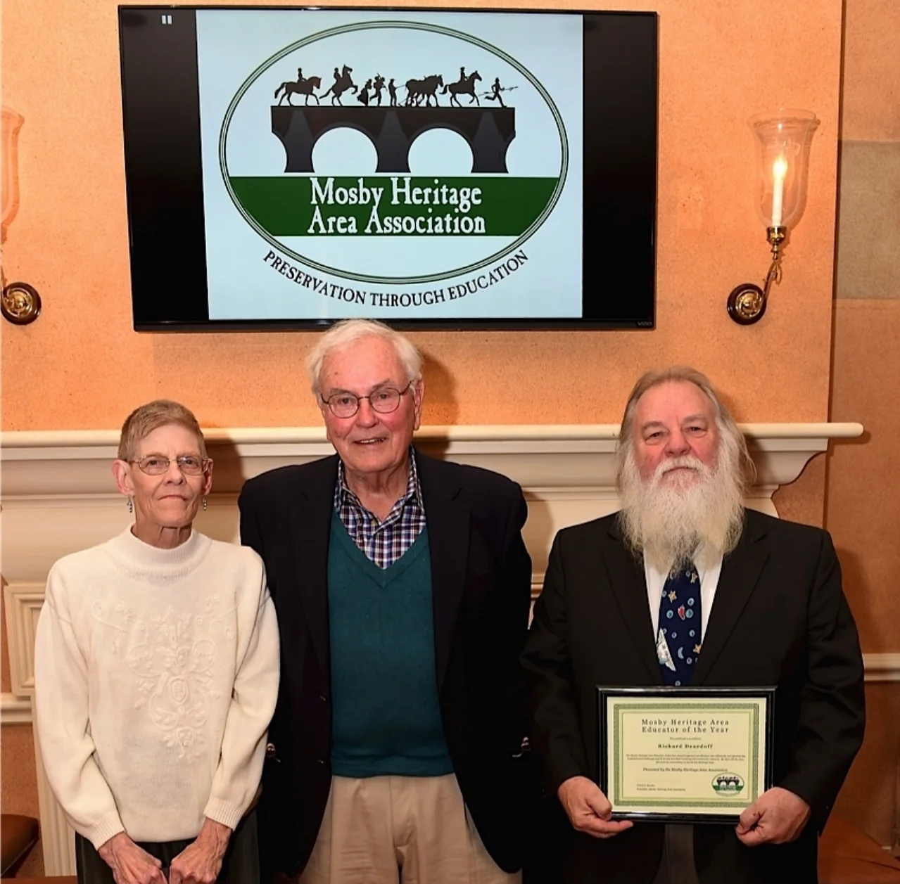 Heritage Hero Mary Thomason-Morris, left, Heritage Hero Al Van Huyck, center, and Educator of the Year Richard Deardoff, right