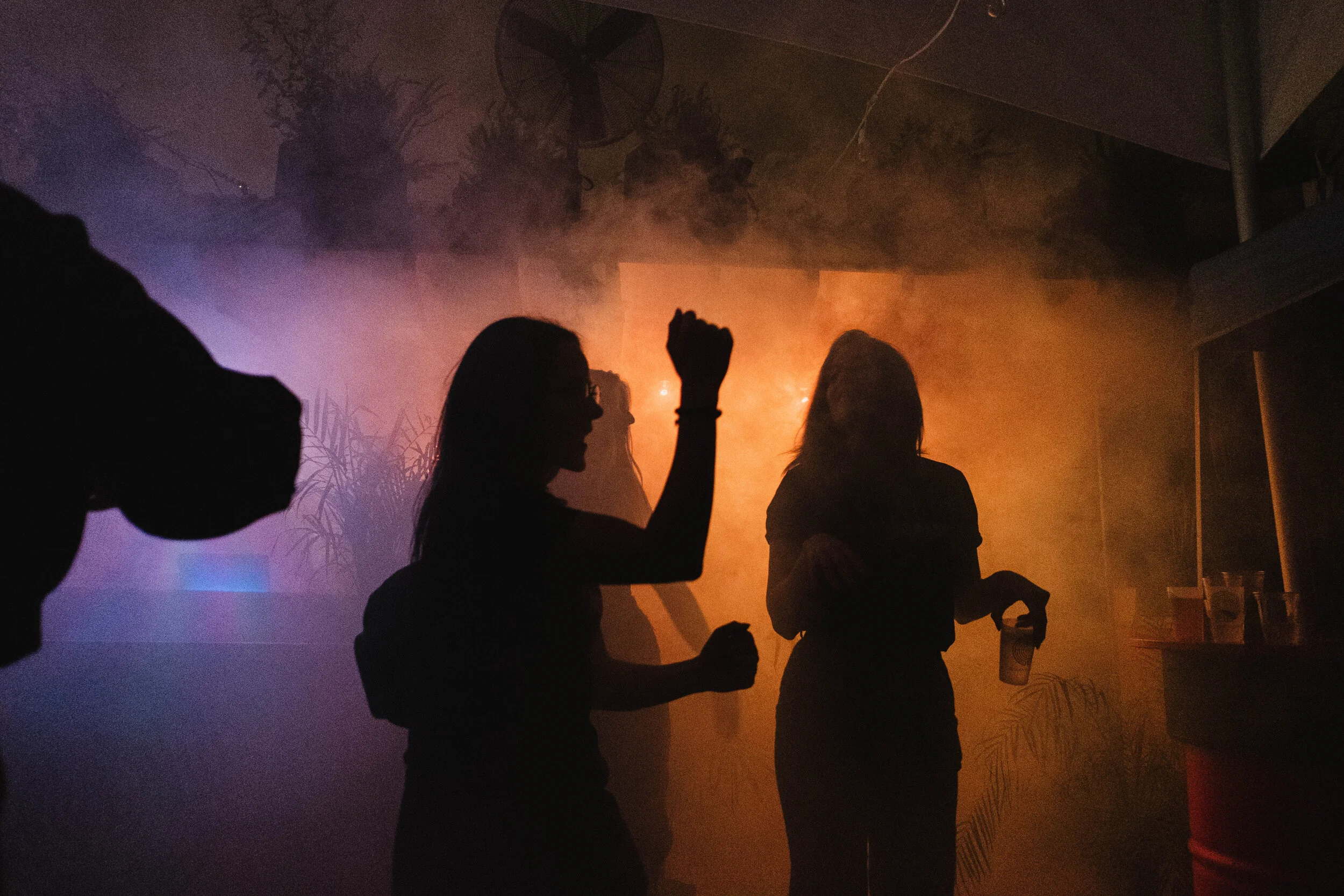 Silhouettes of people dancing and socializing in a smoky, colorful party environment with purple, orange, and yellow lighting.