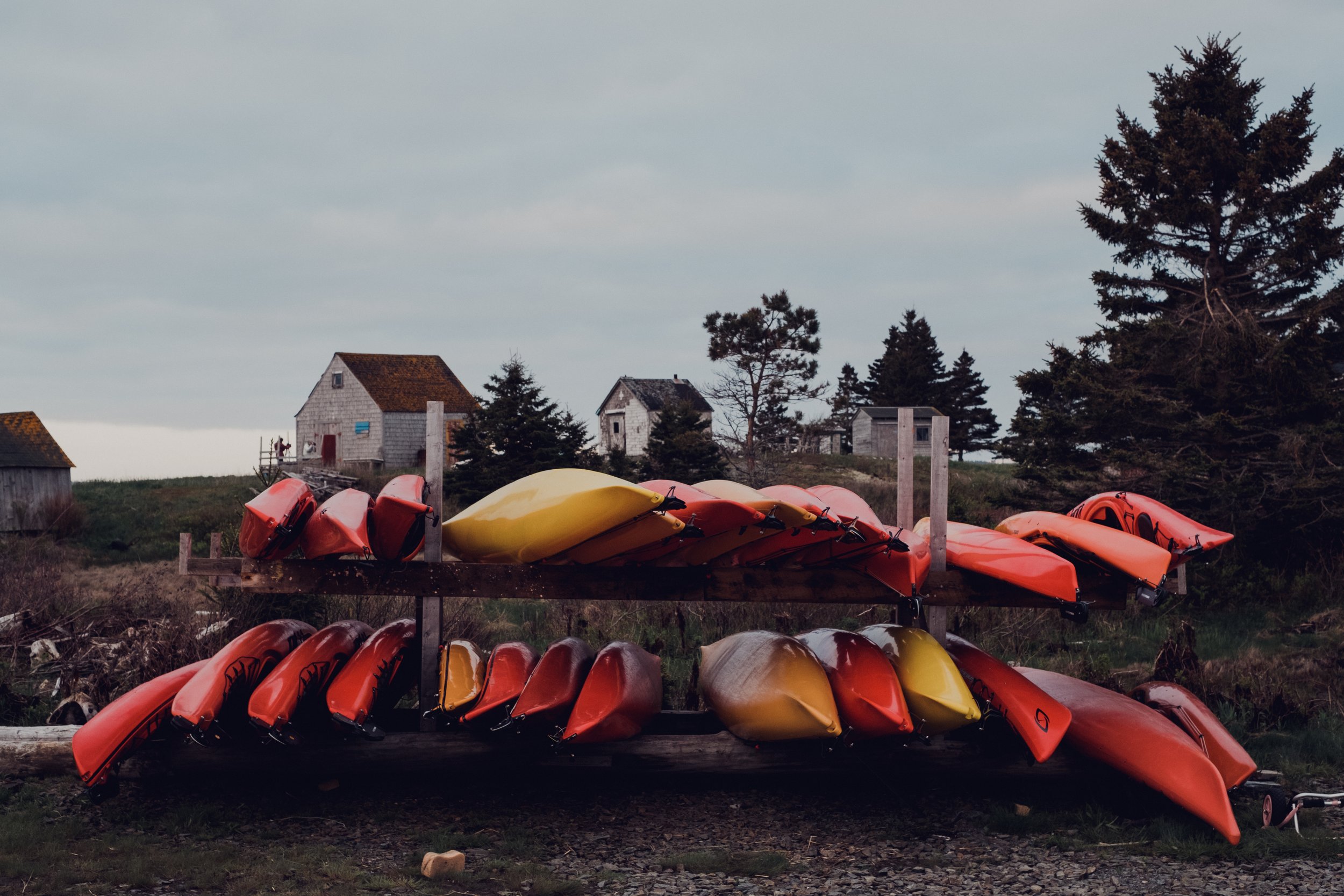 Stacked kayaks in orange and yellow on wooden racks outdoors in a rural area with houses and pine trees in the background.