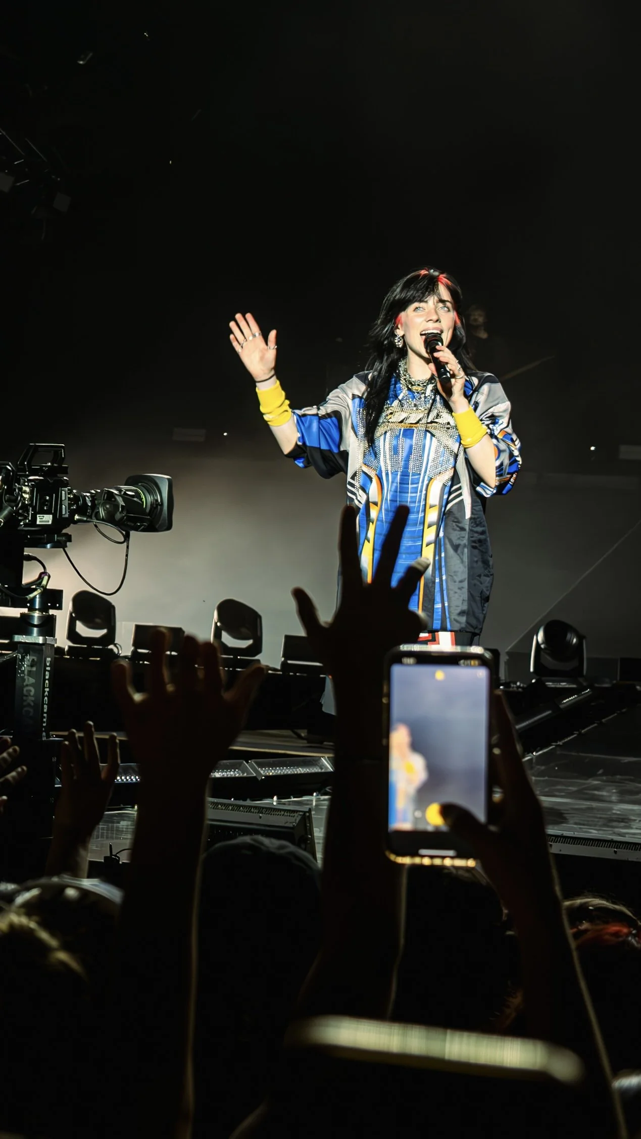 A female singer performing on stage with a microphone, wearing a colorful jacket, during a concert. Audience members are visible in the foreground, some with hands raised and taking photos or videos.