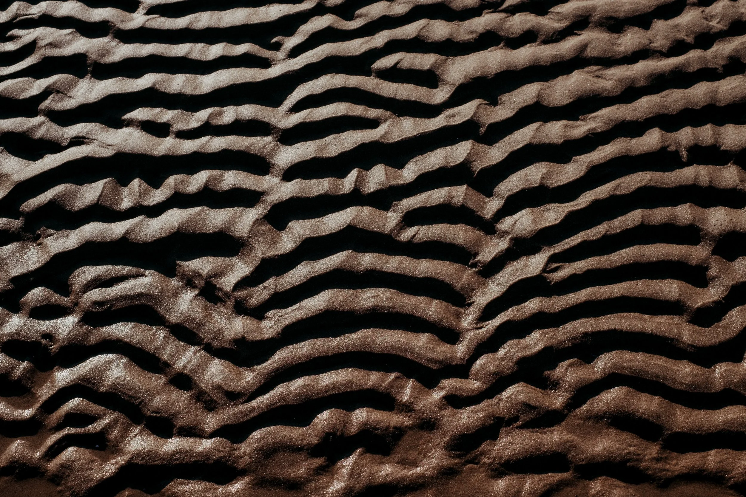 Close-up of sand dunes with rippled patterns and shadows.
