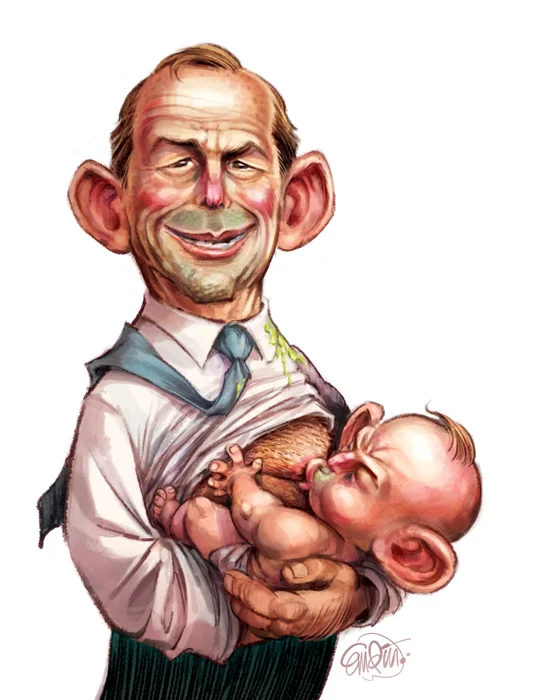 Cover art for The Spectator Australia: Tony Abbott and his Baby (the Paid Parental Scheme) -- Illustration © Anton Emdin 2014. All rights reserved.