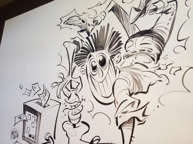 'Plugged Election' cover art inks by Anton Emdin. Illustration © Anton Emdin 2015. All rights reserved.