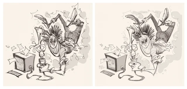 'Plugged Election' cover art sketches by Anton Emdin. Illustration © Anton Emdin 2015. All rights reserved.