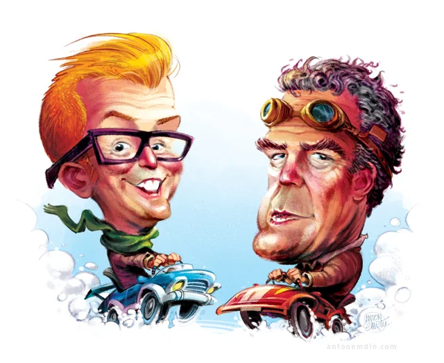 'Car Wars' Illustration for Business Reporter / Lyonsdown: Jeremy Clarkson and Chris Evans go head to head -- drawn by and © Copyright Anton Emdin 2015. All Rights Reserved. Please do not reproduce without express written permission.