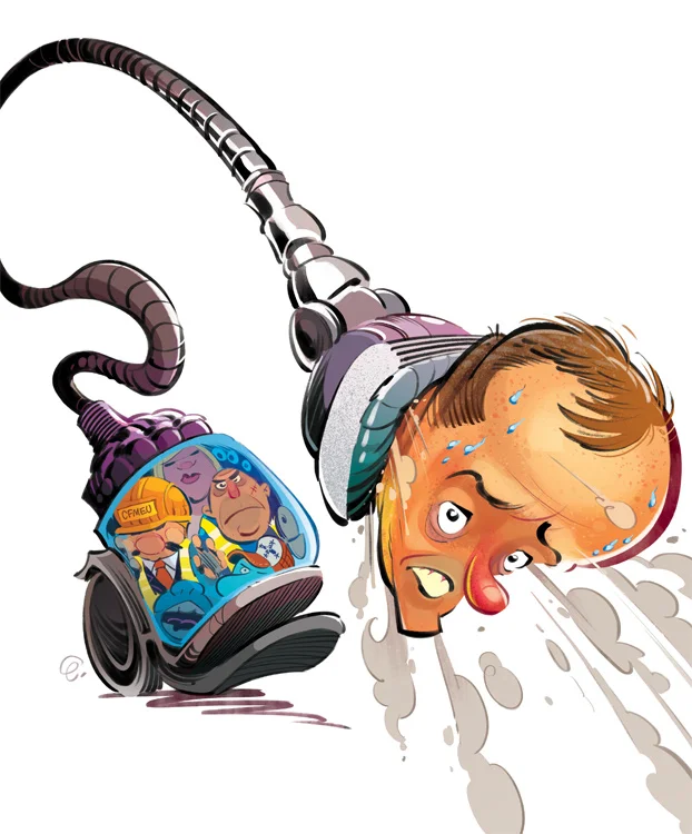 Cover art for The Spectator Australia: Bill Shorten (and union thugs) gets sucked up by Dyson-- Illustration © Anton Emdin 2015. All rights reserved.