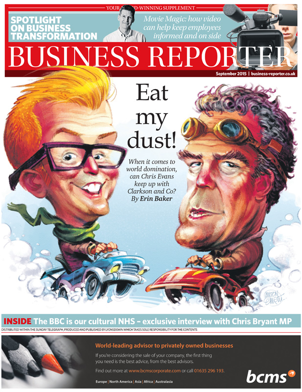 'Car Wars' Illustration for Business Reporter / Lyonsdown: Jeremy Clarkson and Chris Evans go head to head -- drawn by and © Copyright Anton Emdin 2015. All Rights Reserved. Please do not reproduce without express written permission.