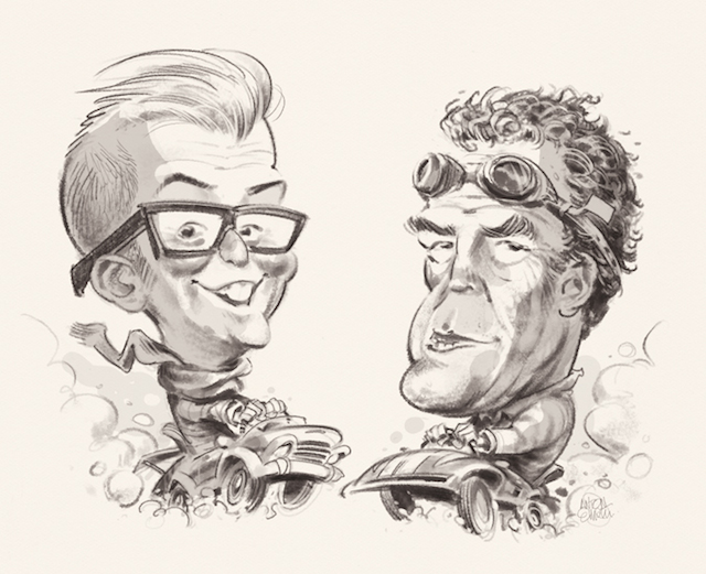 'Car Wars' Illustration (sketch) for Business Reporter / Lyonsdown: Jeremy Clarkson and Chris Evans go head to head -- drawn by and © Copyright Anton Emdin 2015. All Rights Reserved. Please do not reproduce without express written permission.