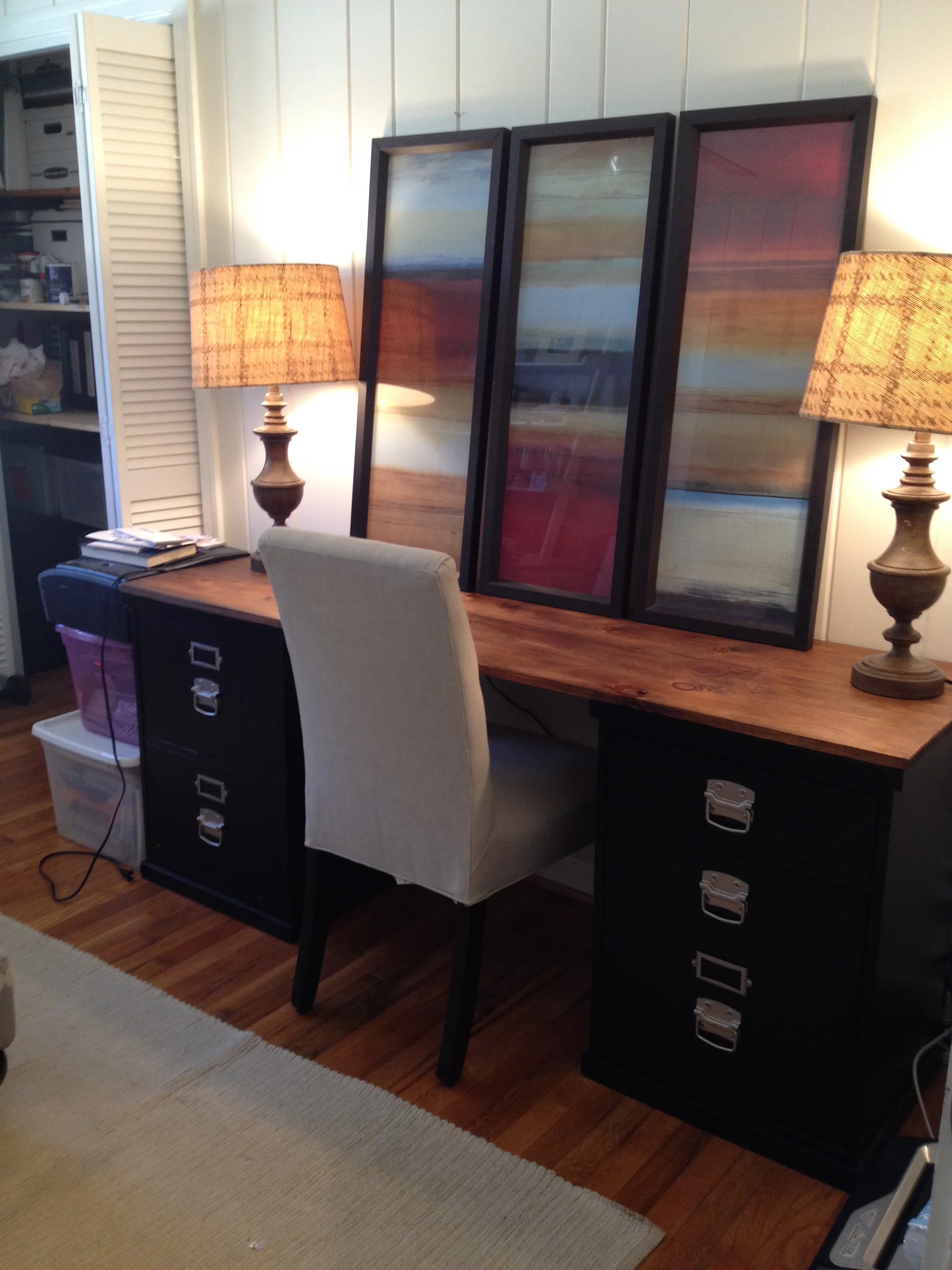 desk with filing cabinets