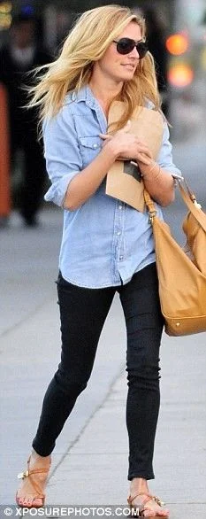 chambray and black jeans