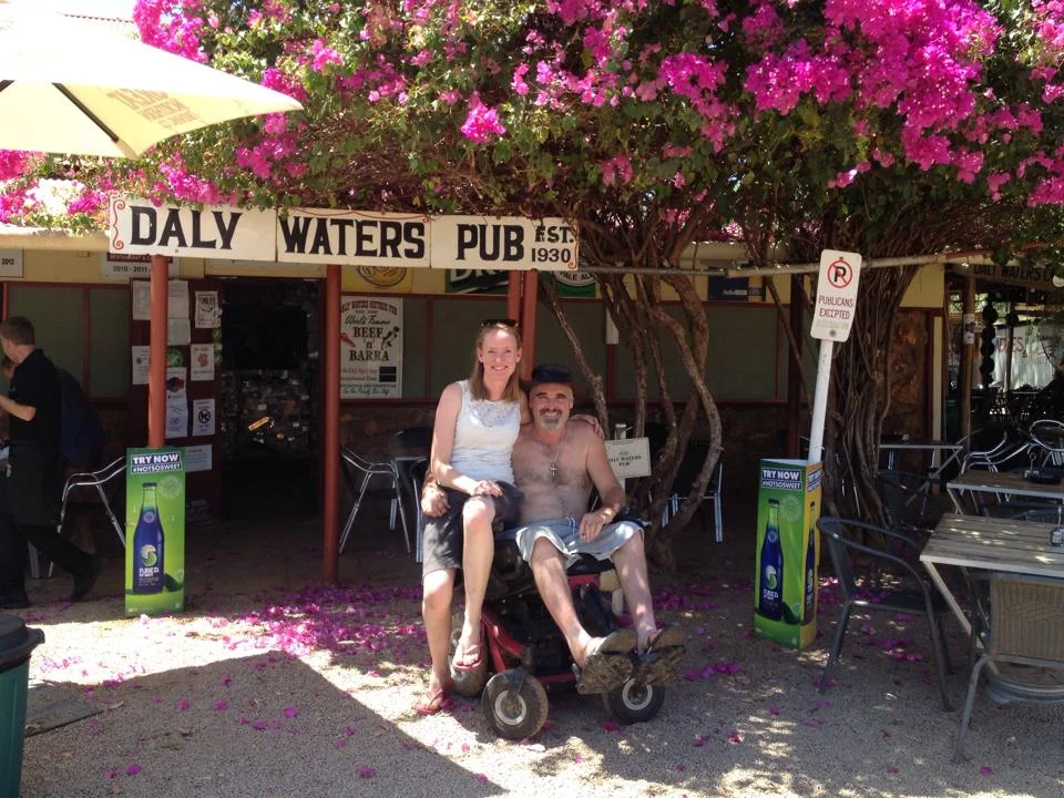 Getting into the swing of being on holiday - Jess and I at the Daly Waters Pub on our first trip in 2015.