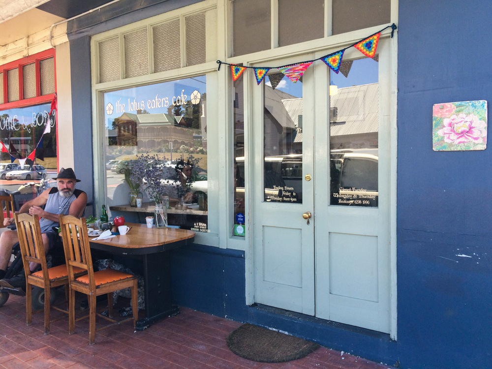  Lotus Eaters Cafe in Cygnet. Wheelchair access into cafe not great (may have been able to get it through side door) but there's plenty of outdoor seating. 