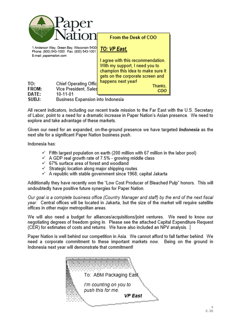 Sample memo from Paper Nation