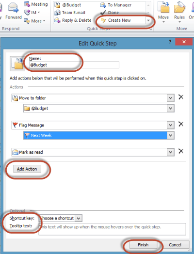 outlook quick steps dropdown within body