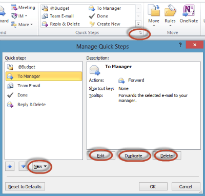 outlook quick steps and reminders