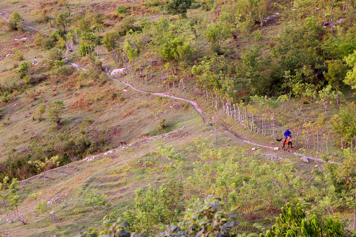 A man travels on horseback in the early hours of the morning, as seen from the road to the community of Wopisa. 