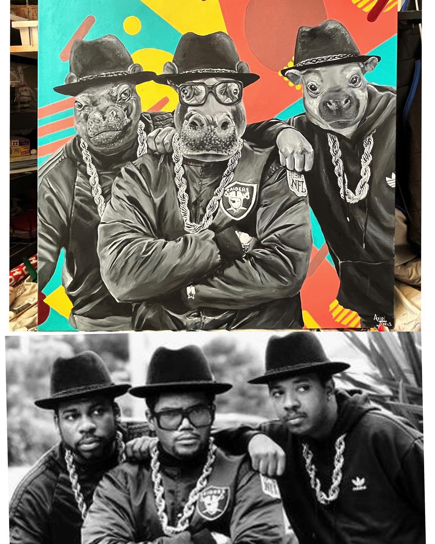 HIP HOP OPPOTAMUS 🦛
An homage to #rundmc 

#painting #originalart #originalpainting #hippopotamus #hippo #hippop