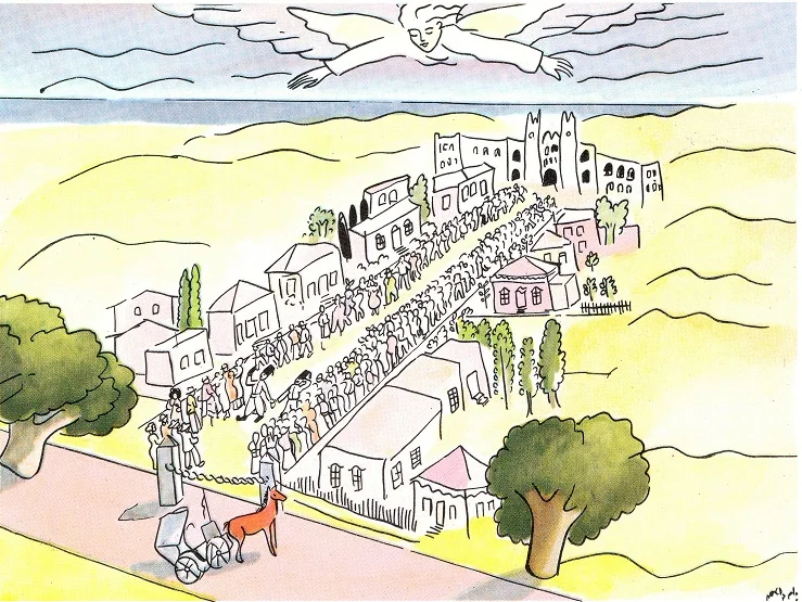 שרשרת שבת ברחוב הרצל. איורו של נחום גוטמן
