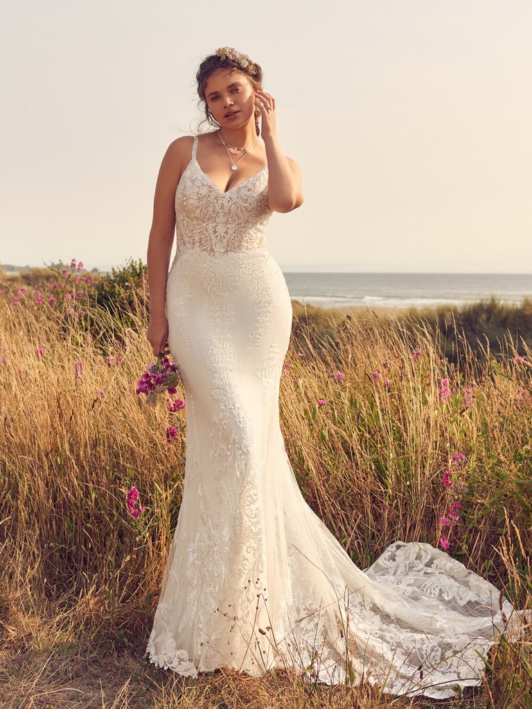 Larkin Rustic lace fit-and-flare wedding gown with a sexy V-back at Eden Bridal Belfast