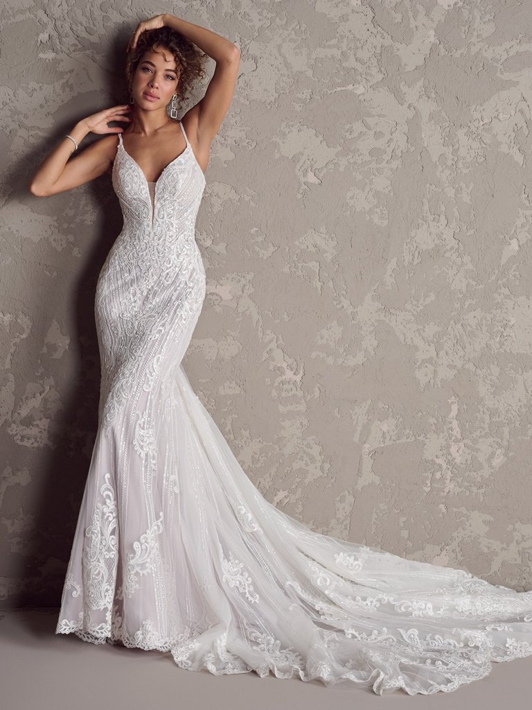 Fitted Beaded Lace Wedding Gown With A Plunging V-Neckline And Back With Stretch Lining