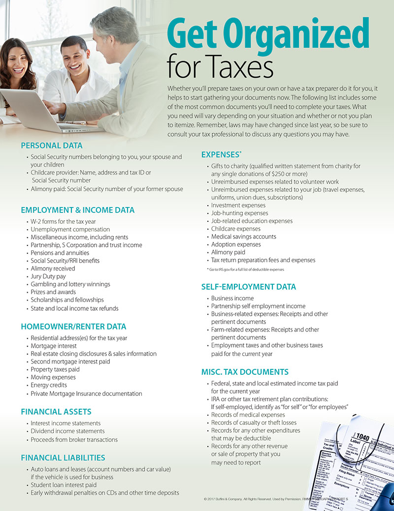 Tax time is nearly here. Minimize last minute rushing by collecting all of the paperwork you or your tax preparer will need to do your taxes now. This month, I’m sharing a list of documents (above) you may need to complete your taxes. Use it as a tool to help you get organized and feel prepared for tax season.
