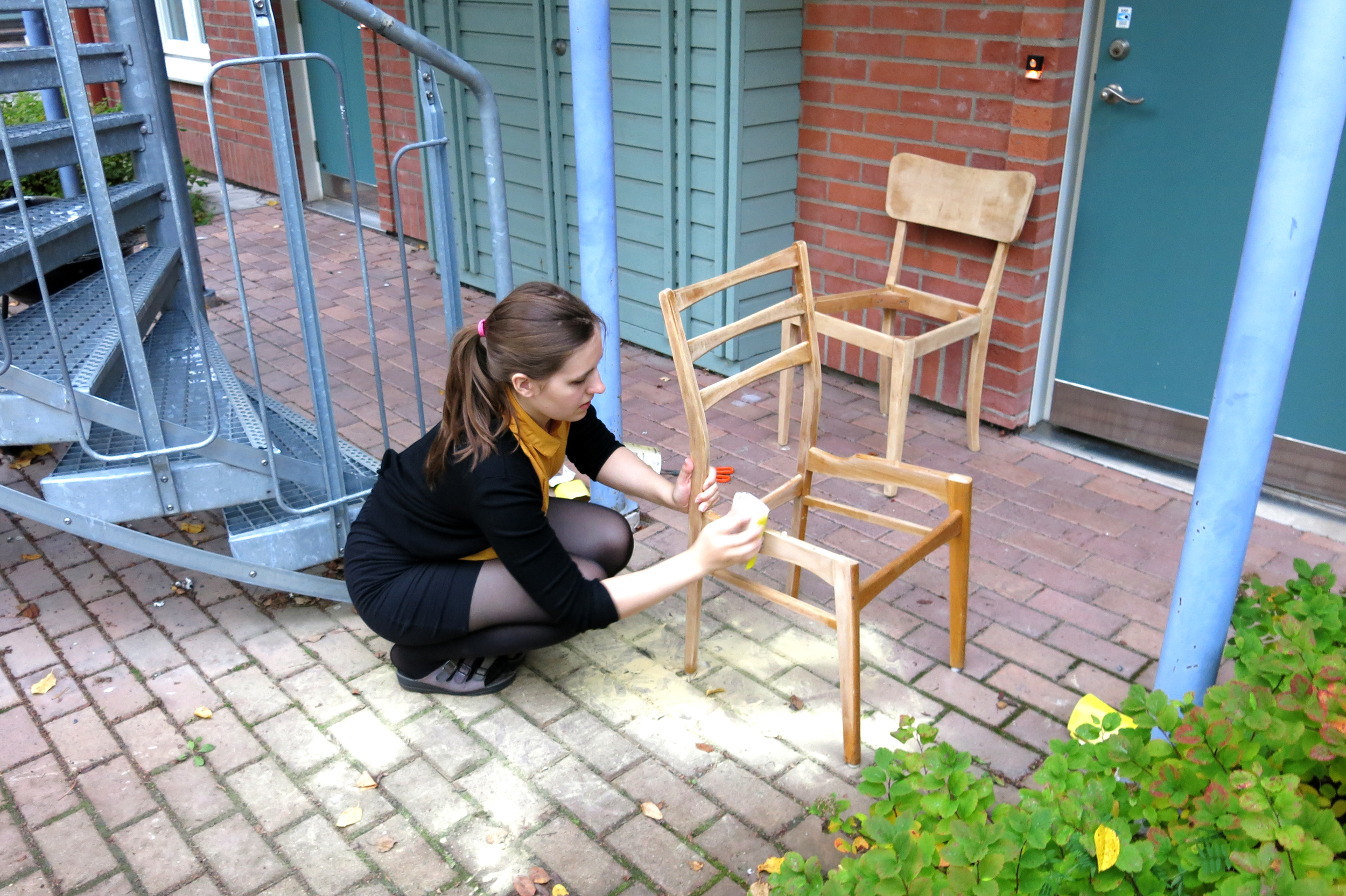 The chairs were sanded down by hand.
