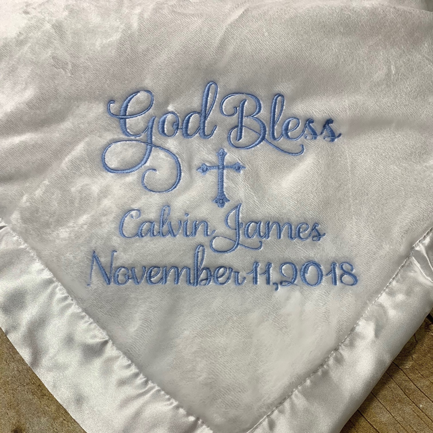 Personalized Baptism Christening God Bless Baby Infant Blanket Satin Trim 