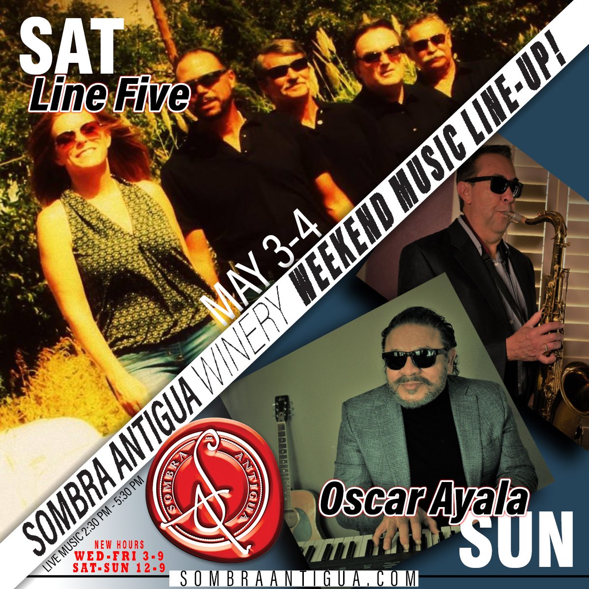 Hey there! Guess what? We have a fantastic line-up for you this weekend. The amazing Line Five will be performing on Saturday, and the talented Oscar Ayala will grace us with his music on Sunday. We can't wait to see you there!