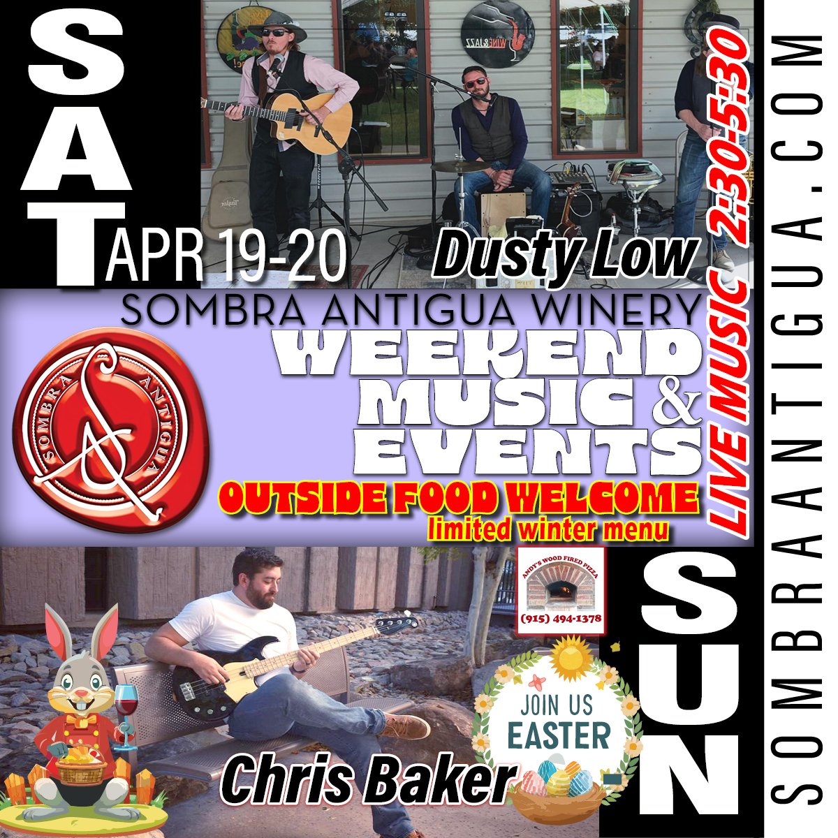 Get ready for an exciting Easter weekend! Join us for live music with Dusty Low on Saturday and the amazing Chris Baker on Sunday! Don't miss out on these incredible performances!