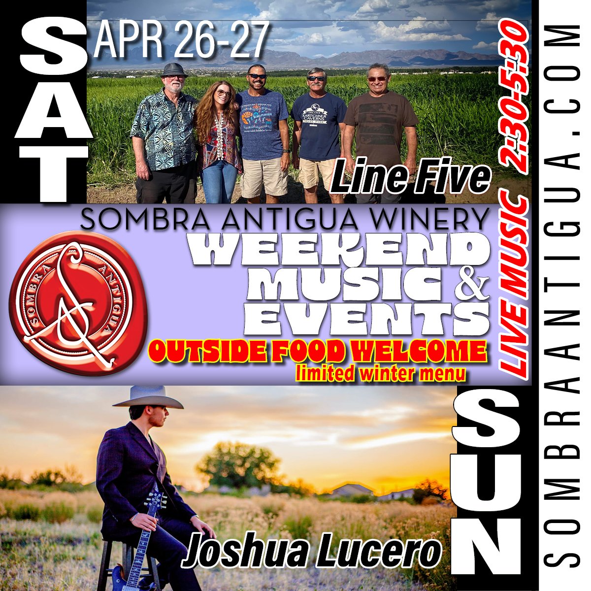 Get ready for a weekend of unforgettable tunes! Saturday features the fabulous Line Five, and Sunday brings the sensational Joshua Lucero. Don't miss out on this musical feast!