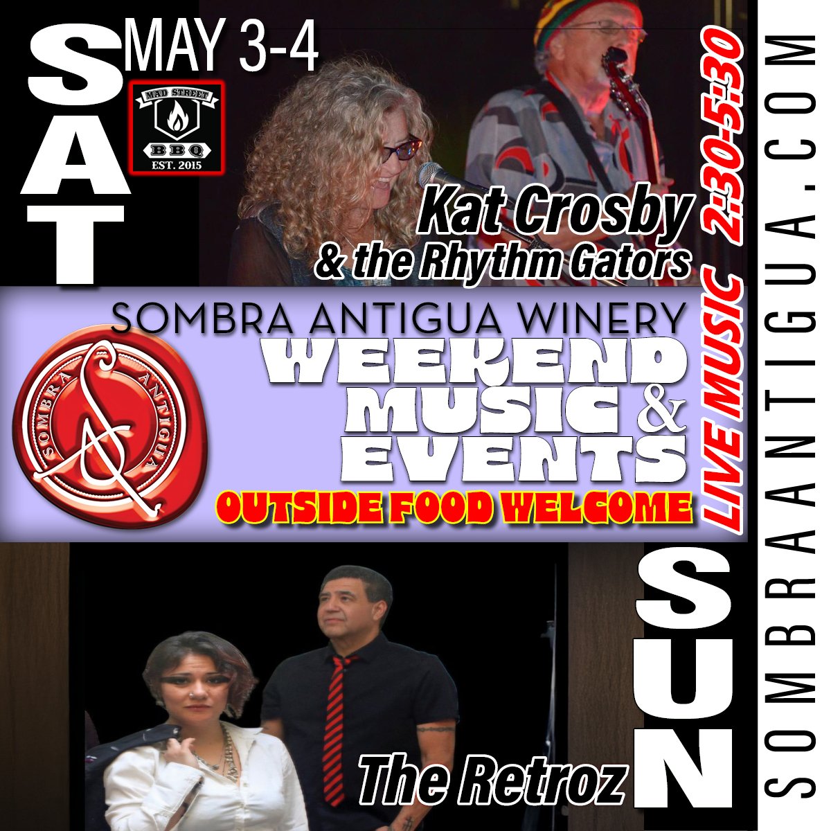 Join us this weekend for a fantastic time! On Saturday, enjoy the lively sounds of Kat Crosby & The Rhythm Gators. Then, on Sunday, get ready to rock with The Retroz! Don't miss out on the fun!