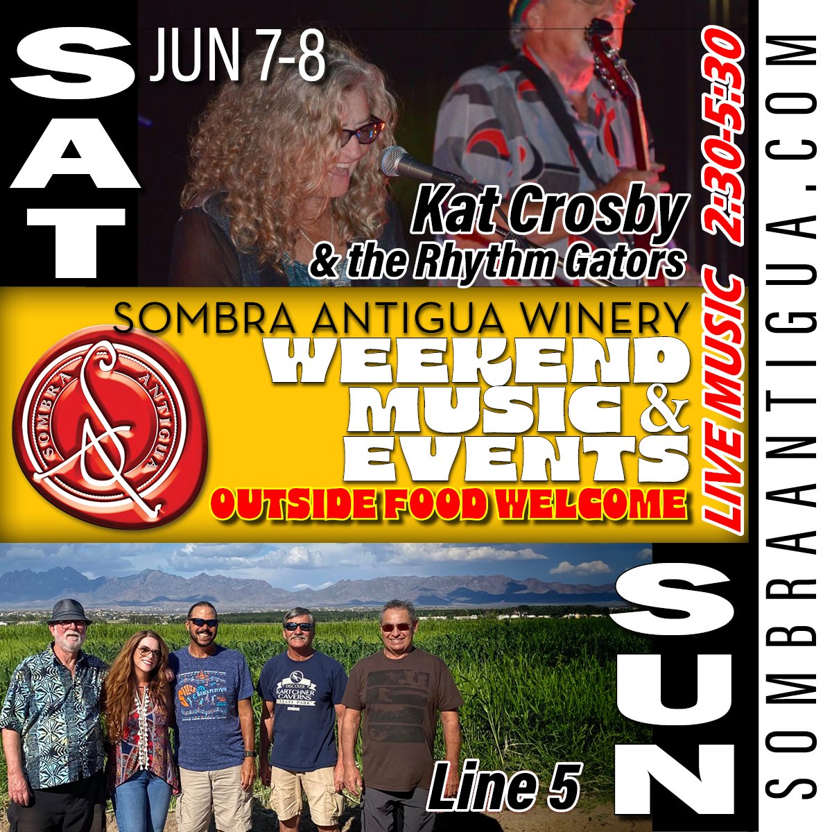 Join us for a weekend filled with music! On Saturday, Kat Crosby & the Rhythm Gators will be performing, followed by Line Five on Sunday. This is a great opportunity to experience live music and enjoy the performances.
