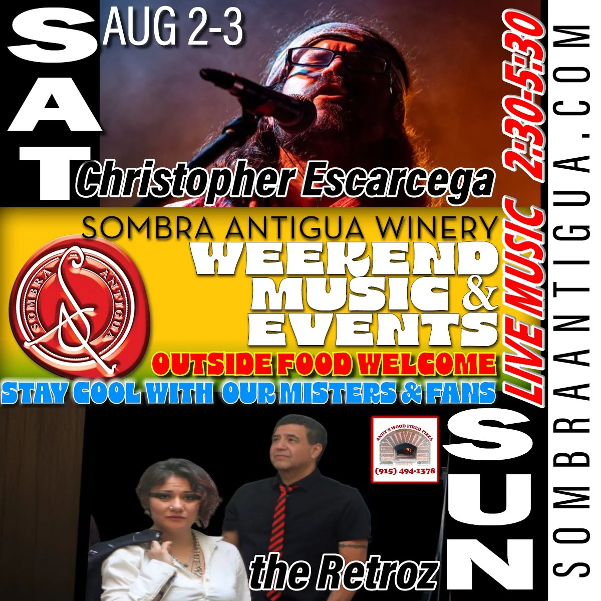 Join us this weekend for fun events! Catch Chris Escarcega on Saturday and enjoy The Retroz with Andy's Pizza on Sunday!
