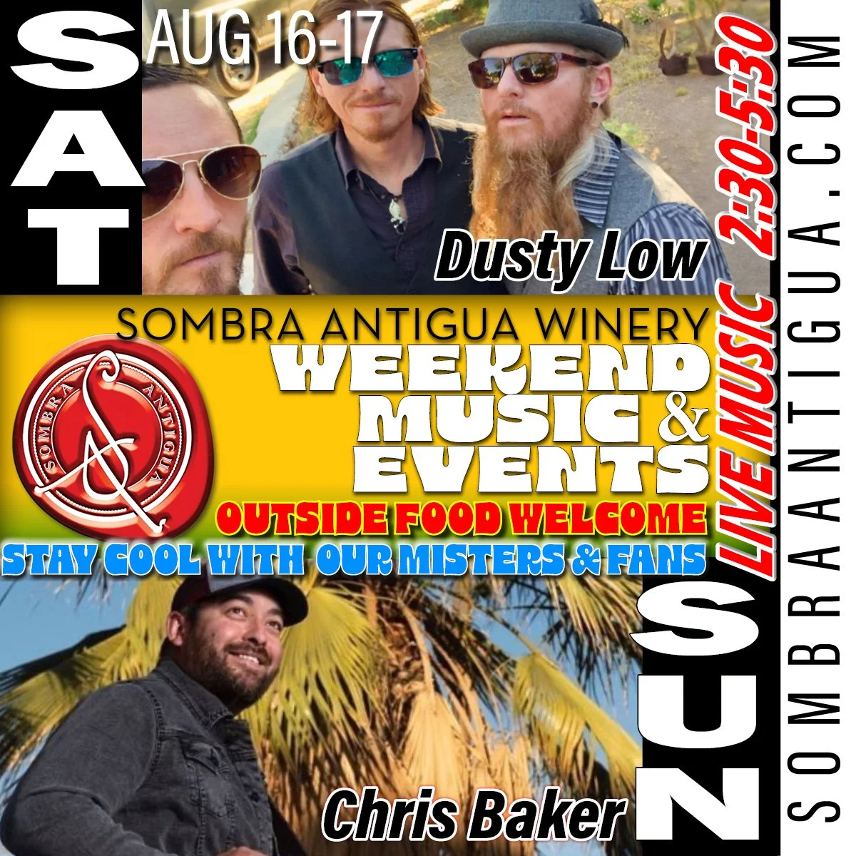 Join us this weekend for some fun! Dusty Low is performing on Saturday, and Chris Baker will take the stage on Sunday. Don't miss out!