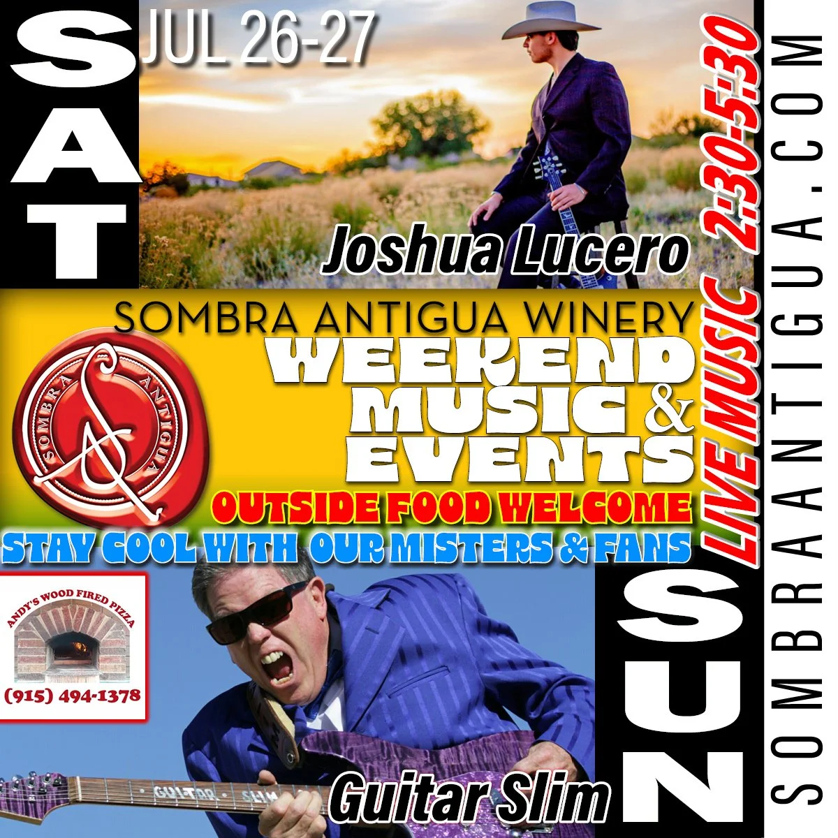 Join us this weekend! Joshua Lucero performs Saturday and Guitar Slim Pat Chase on Sunday. Plus, enjoy fresh wood-fired pizza from Andy's.