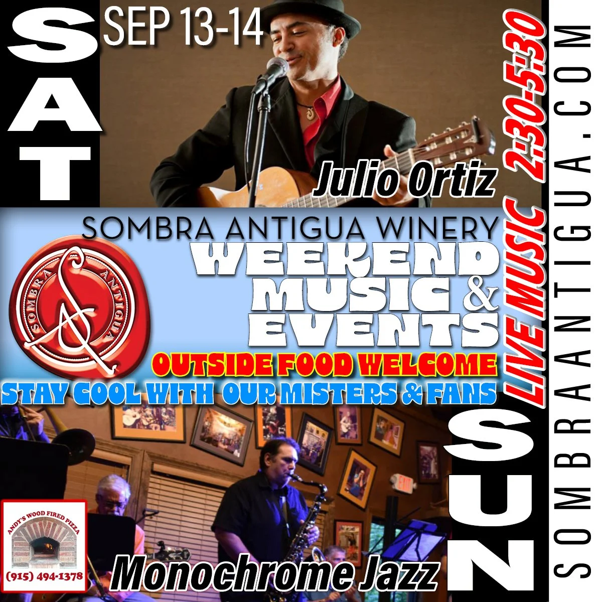 Get ready for an amazing weekend! On Saturday, groove to Julio Ortiz's music, and on Sunday, savor Andy's Pizza while enjoying Monochrome Jazz. Don't miss out!