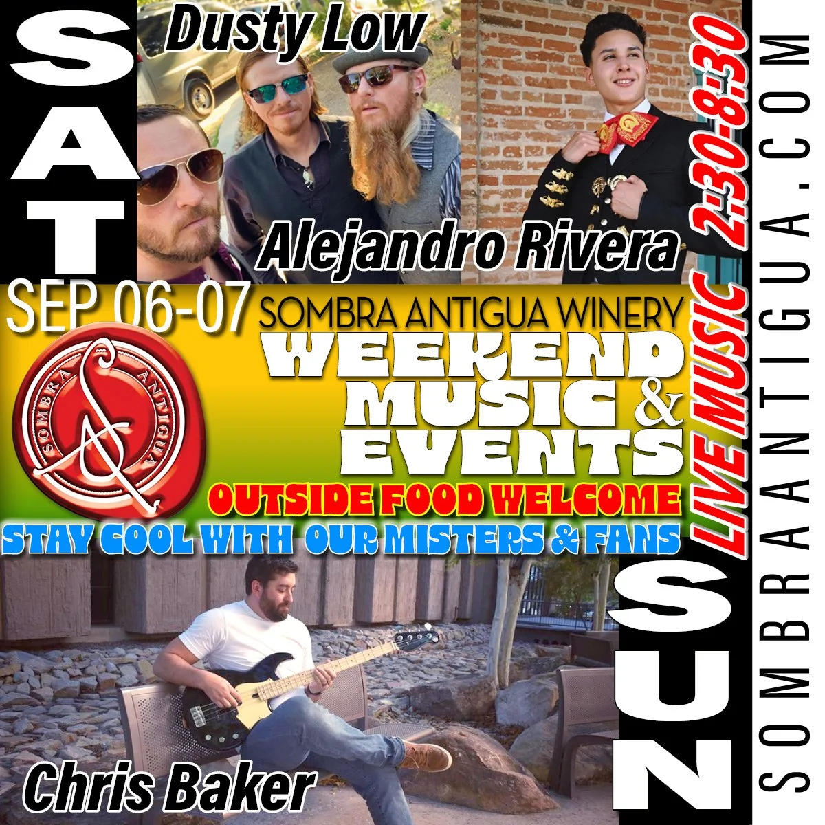 This weekend's lineup is amazing! We've got Dusty Low, followed by Alejandro Rivera, and on Sunday, Chris Baker wraps it all up. Don't miss out!