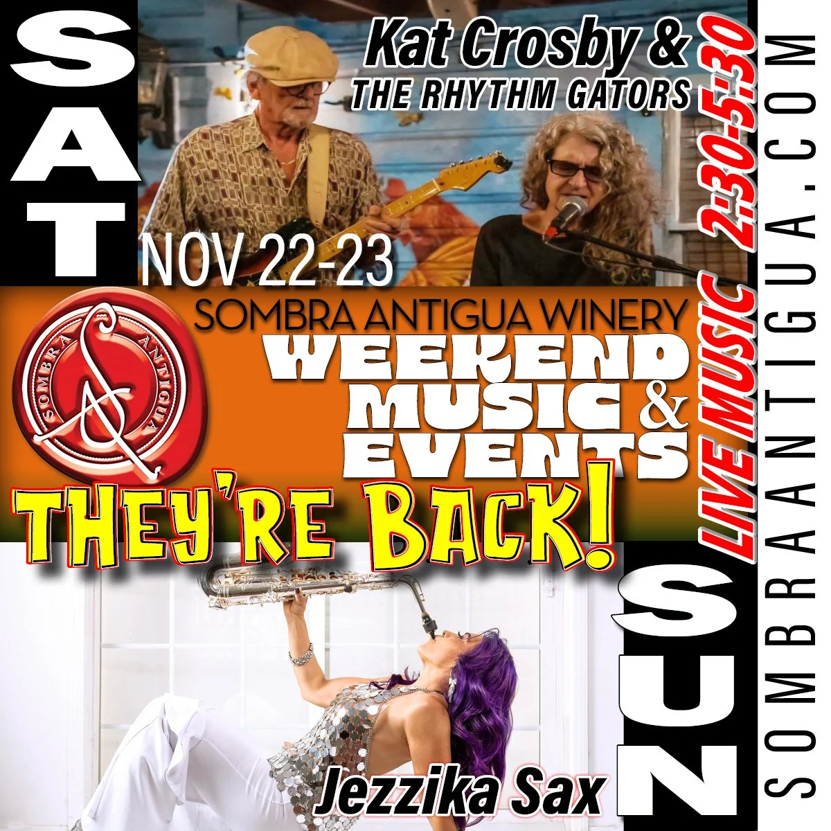 Get ready for an epic weekend with Kat Crosby &amp; The Rhythm Gators' thrilling show, followed by the incredible JezzikaSax's return! Don't miss out!