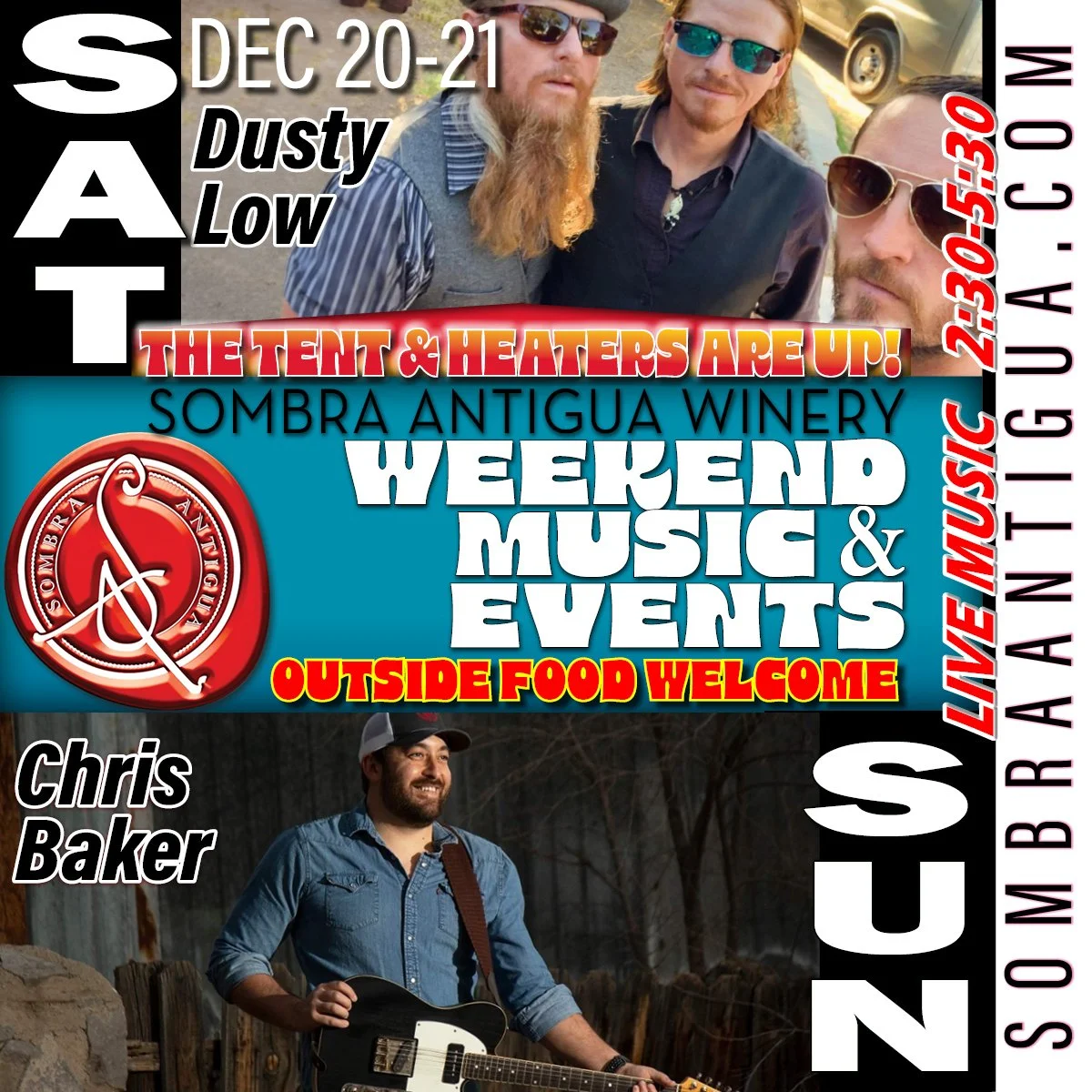Get ready for an amazing weekend! Dusty Low is performing on Saturday, and Chris Baker is taking the stage on Sunday. Don't miss out on the fun!