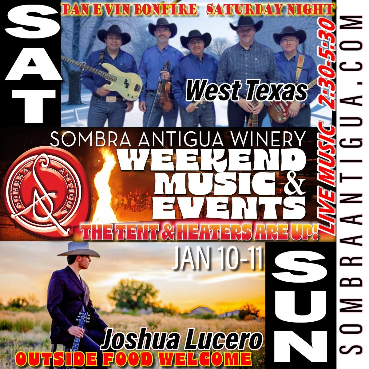 Get ready to light up your weekend with the Pan e Vin Bonfire and West Texas bringing the heat then enjoy to Joshua Lucero's tunes on Sunday.