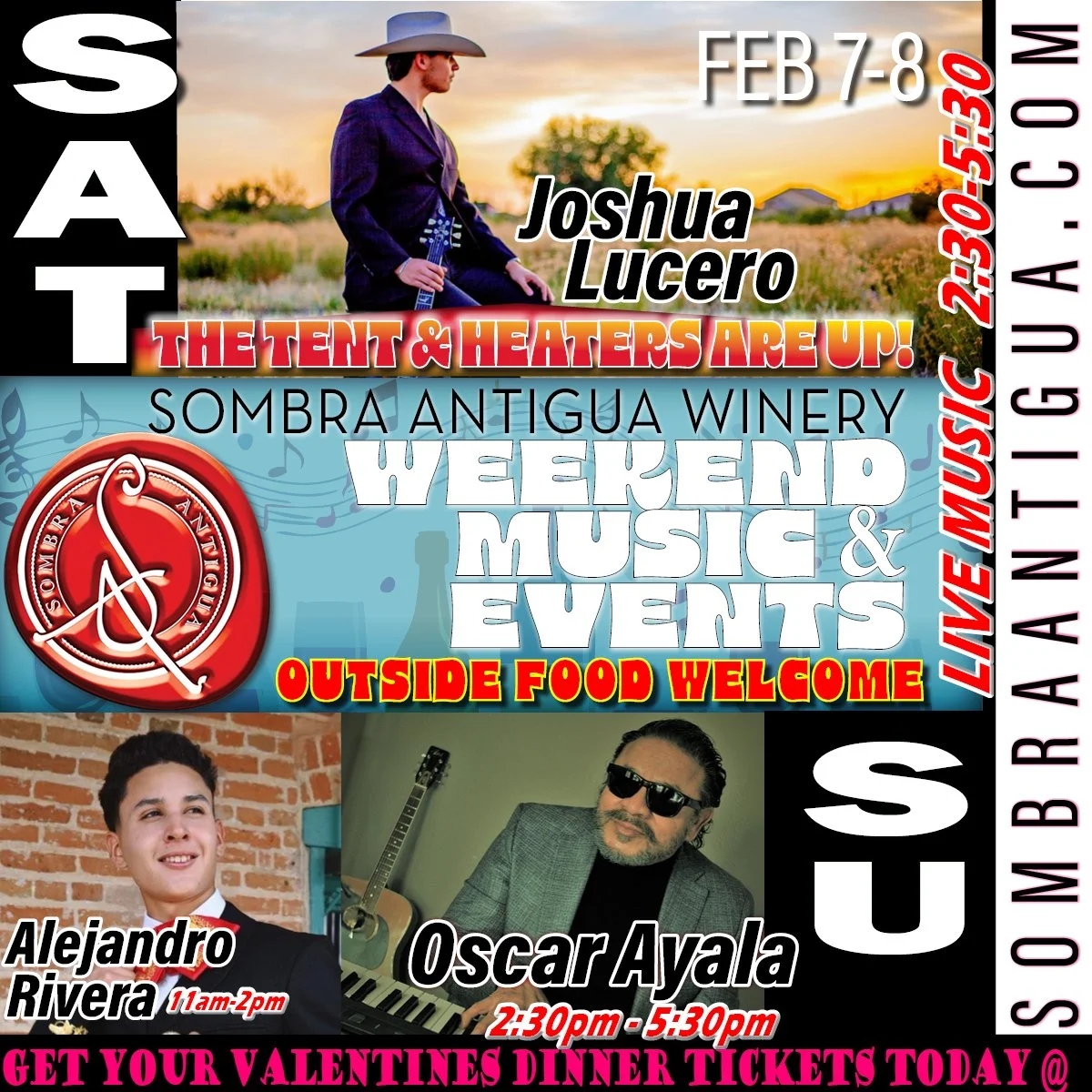Get ready for an amazing weekend! Joshua Lucero will light up the stage on Saturday, and on Sunday, enjoy performances by Alejandro Rivera and Oscar Ayala! Don't miss out!