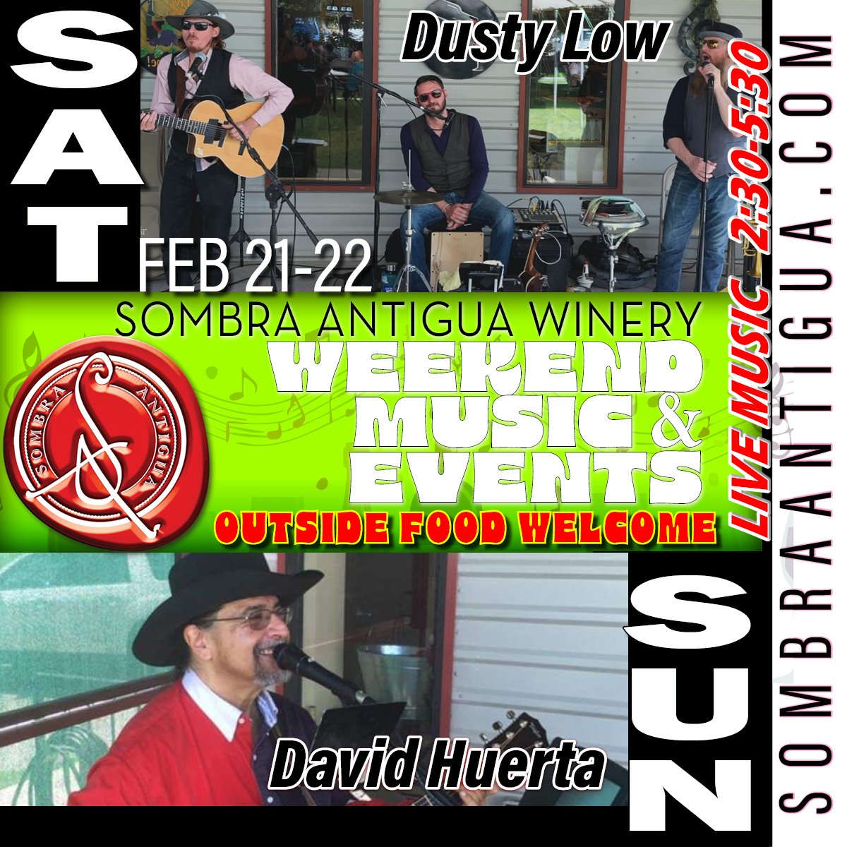 Get ready for an amazing weekend! Dusty Low rocks the stage on Saturday, and David Huerta will blow your mind on Sunday! Don't miss out!