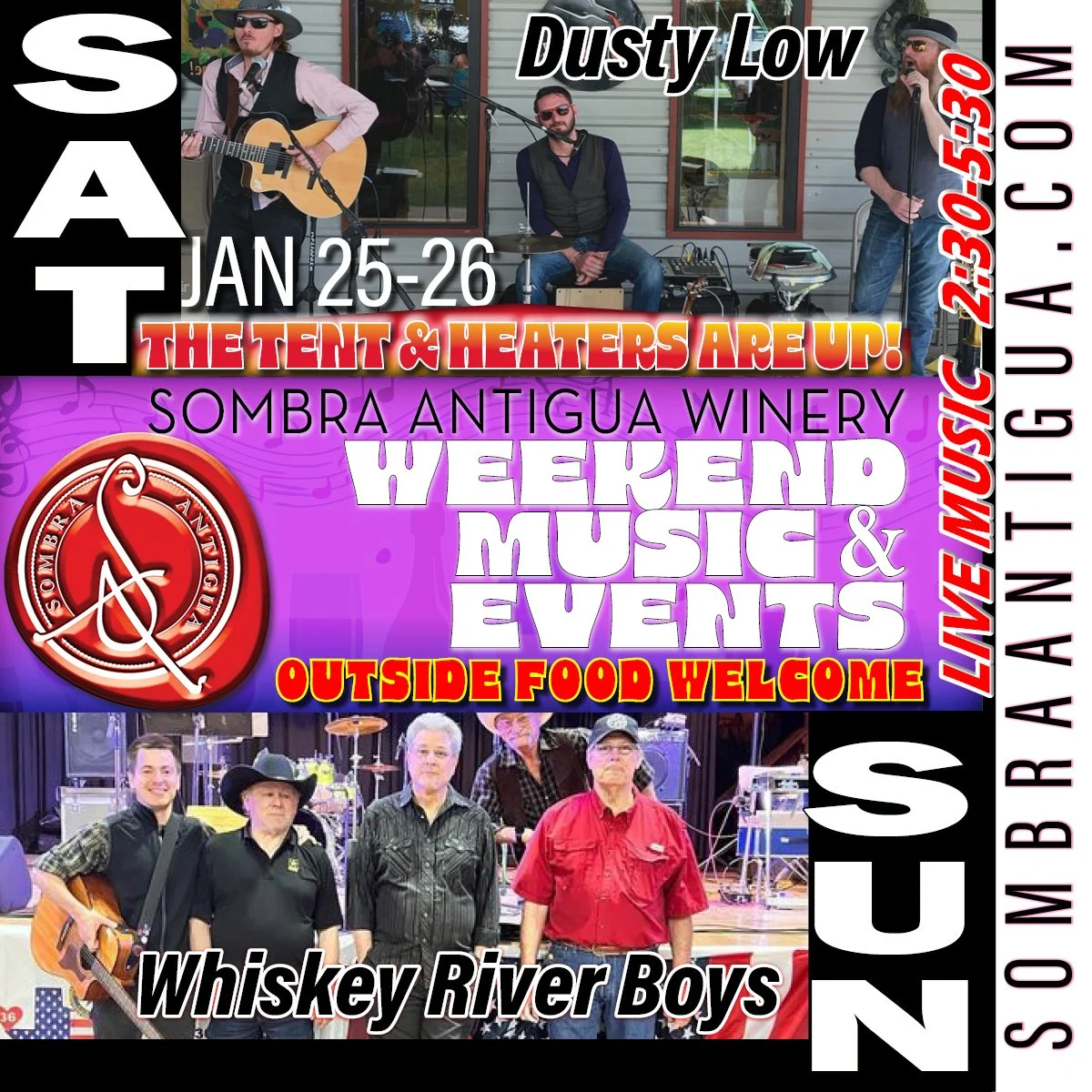 Get ready for an epic weekend! Catch Dusty Low on Saturday and Whiskey River Boys on Sunday! Don't miss out on the fun and great music!