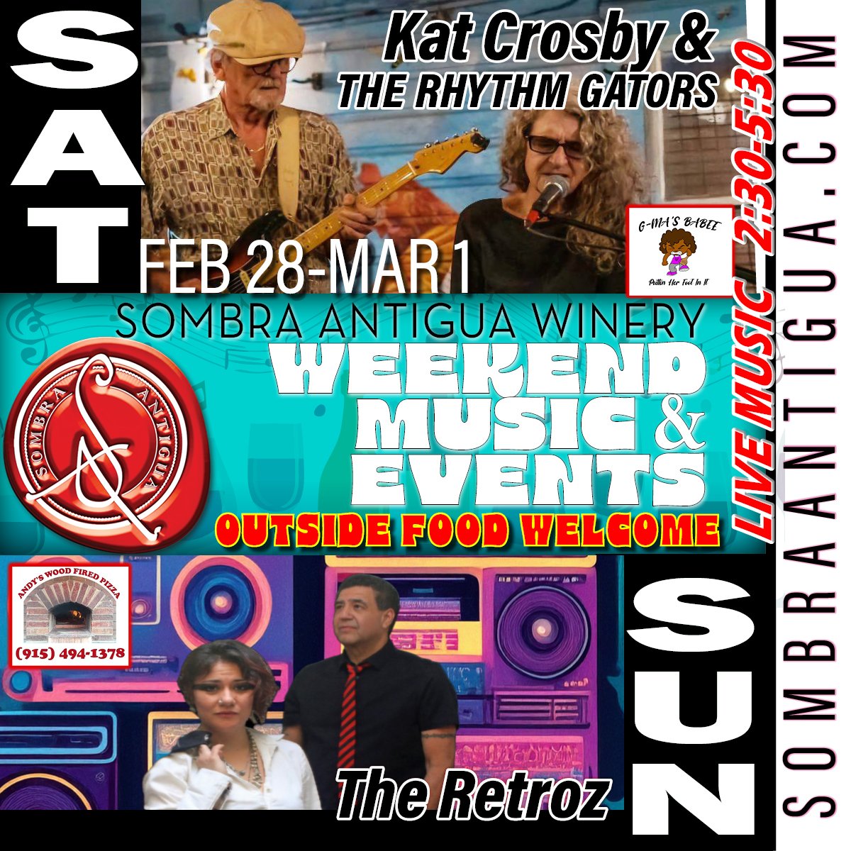 Join us this weekend for fun! On Saturday, groove with Kat Crosby &amp; the Rhythm Gators and enjoy G-Ma's Babee Soul Food Truck. Sunday, rock out with The Retroz and savor Andy's Wood Fired Pizza. Don't miss out!