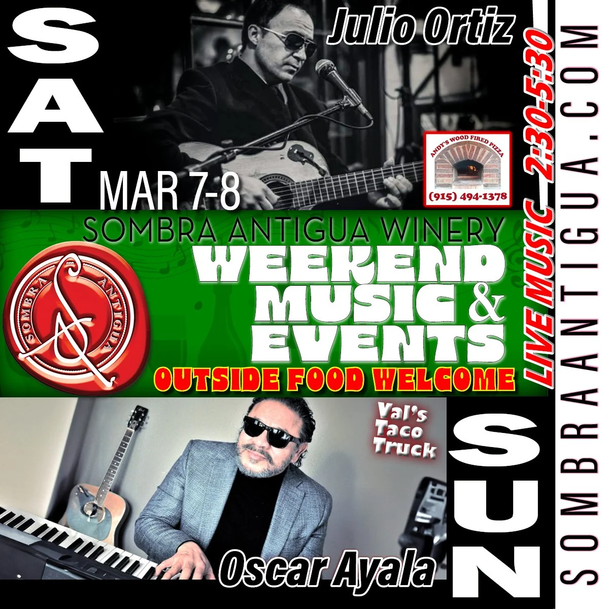 Get ready for an epic weekend! On Saturday, Julio Ortiz will be rocking it with Andy's Wood Fire Pizza, and on Sunday, enjoy Oscar Ayala with tasty treats from Val's Taco Truck! Don't miss out!