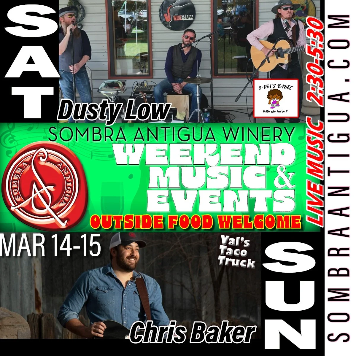 Get ready for an epic weekend! Chris Baker with G-Ma's Soul Food is on Saturday, and Dusty Low &amp; Val's Taco Truck will be rocking Sunday! Don't miss out!